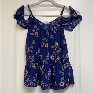 blue sunflower flowy off the shoulder top